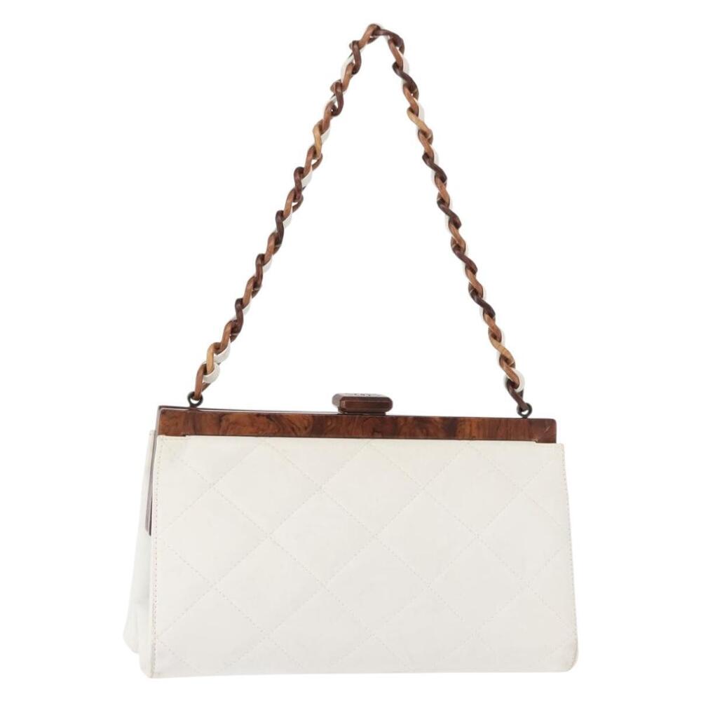 CHANEL Wood Chain Shoulder Bag Lamb Skin White Gold CC Auth BA7494